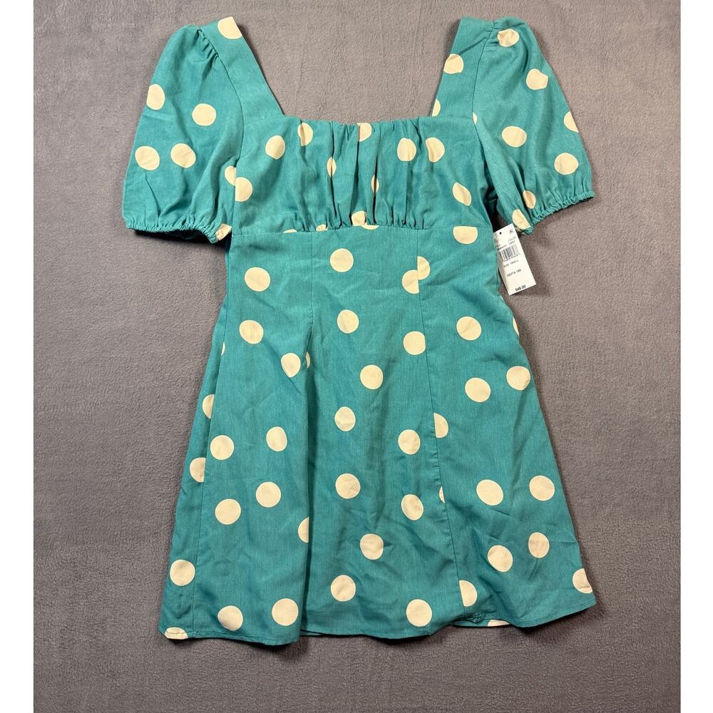 NWT Dress Women Green Polka Dot Puff Sleeve Square Neck Mini Size Small